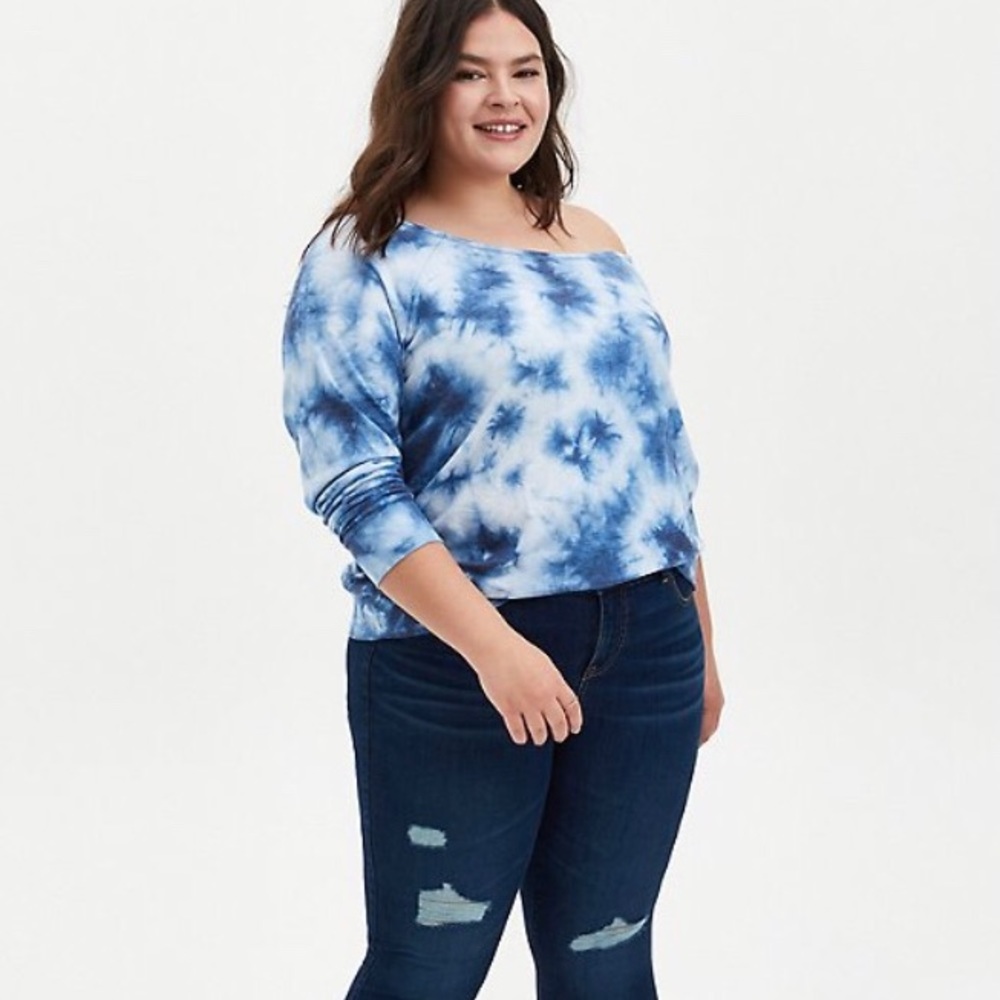 BLUE TIE-DYE TERRY OFF SHOULDER SWEATSHIRT